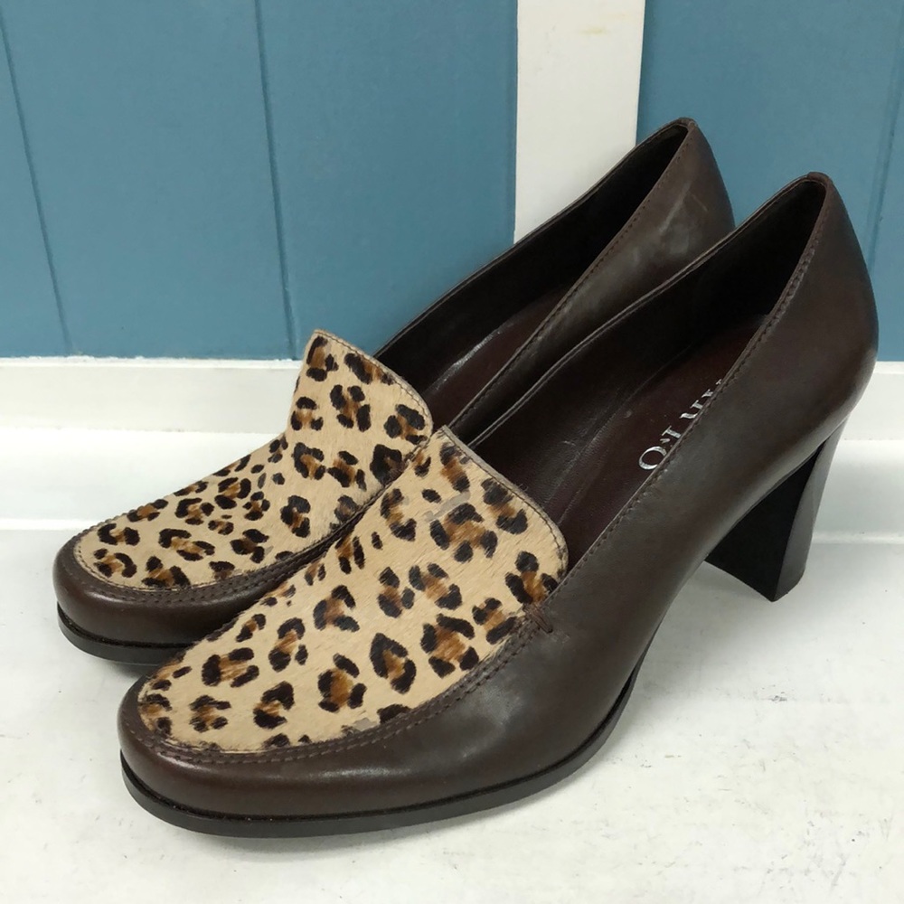 Franco Sarto brown leather animal print block heel loafers shoes ladies 8.5